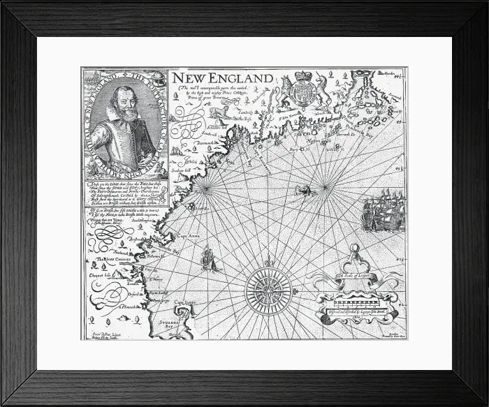 Framed Print : Map of New England with Portrait of John Smith Framed Print : Map of New England with Portrait of John Smith