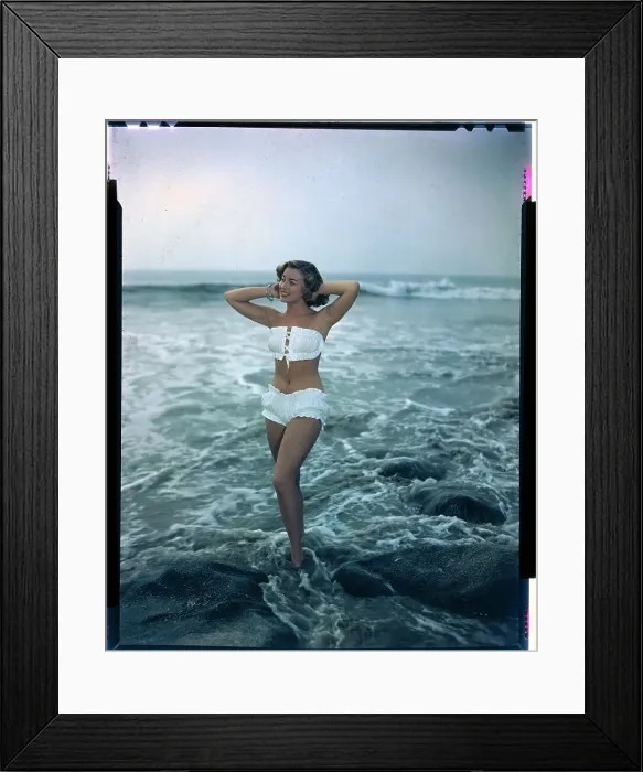 Framed Print : Pat Hall Standing in Water and Wearing White Bikini Framed Print : Pat Hall Standing in Water and Wearing White Bikini