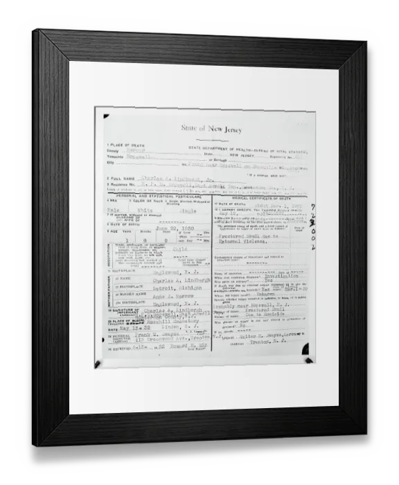 Framed Print : Death Certificate of Lindbergh Baby Framed Print : Death Certificate of Lindbergh Baby