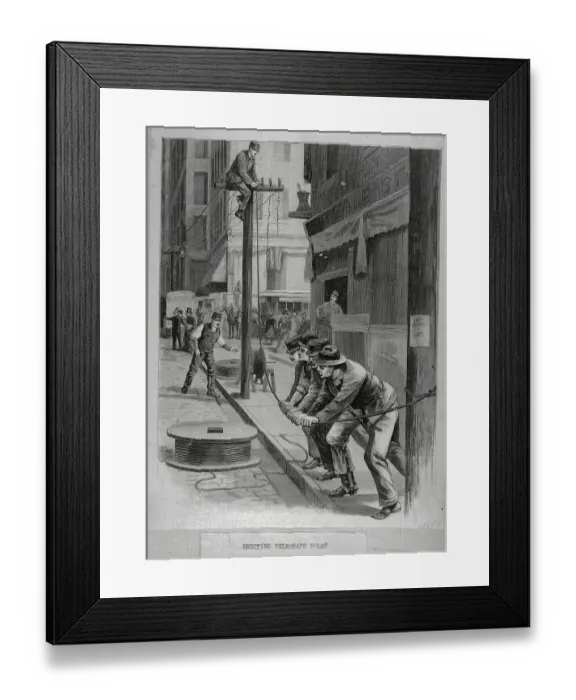 Framed Print : Engraving of Workers Erecting Telephone Poles in 1889