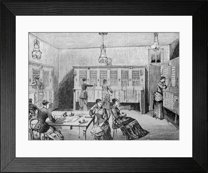 Framed Print : Woodcut Depiction of Early Telephone Room Framed Print : Woodcut Depiction of Early Telephone Room