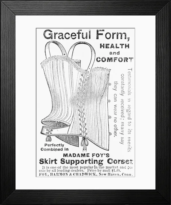 Framed Print : Advertisement for Madame Foy's Skirt Supporting Corset Framed Print : Advertisement for Madame Foy's Skirt Supporting Corset