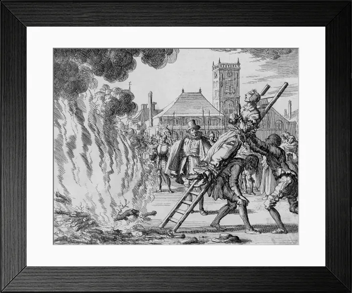 Framed Print : Anneken Hendriks Being Hoisted to the Fire by Jan Luyken Framed Print : Anneken Hendriks Being Hoisted to the Fire by Jan Luyken