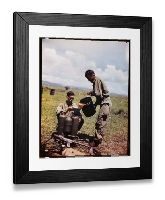 Framed Print : Corporal Badger Pouring Gasoline Into Flame Thrower Framed Print : Corporal Badger Pouring Gasoline Into Flame Thrower