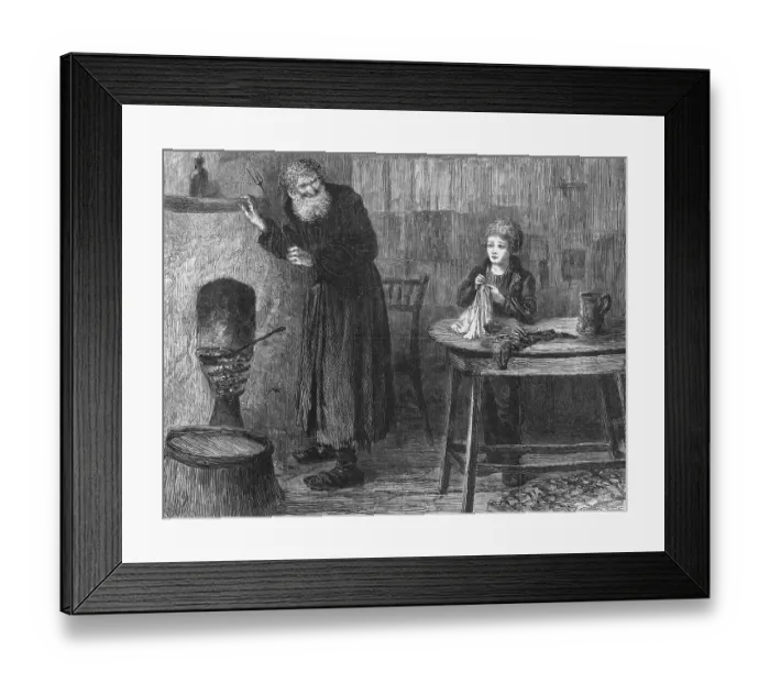 Framed Print : Uncanny Old Man Gazing at Young Woman Sitting and Sewing Framed Print : Uncanny Old Man Gazing at Young Woman Sitting and Sewing
