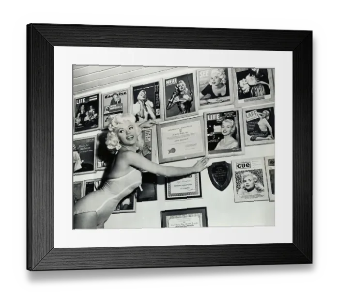 Framed Print : Jayne Mansfield with Wall Display of Awards and Covers Framed Print : Jayne Mansfield with Wall Display of Awards and Covers