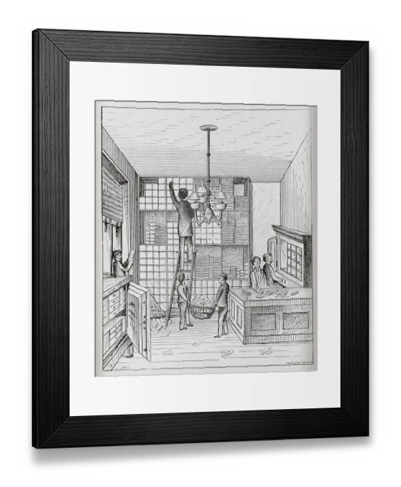 Framed Print : Woodcut of Employees Working in Mail Room Framed Print : Woodcut of Employees Working in Mail Room