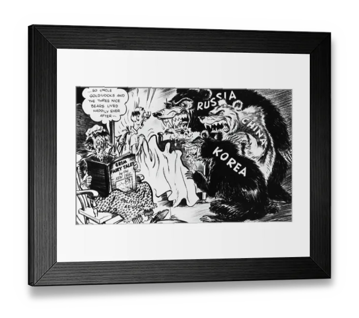 Framed Print : Political Cartoon of Three Bears Startling Elderly Man Framed Print : Political Cartoon of Three Bears Startling Elderly Man