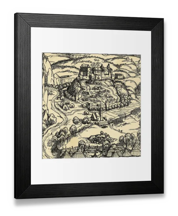 Framed Print : Woodcut of Medieval European Town on Hill