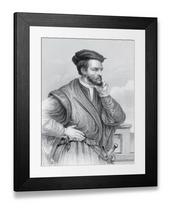 Framed Print : Drawing of Explorer Jacques Cartier in Pensive Position Framed Print : Drawing of Explorer Jacques Cartier in Pensive Position