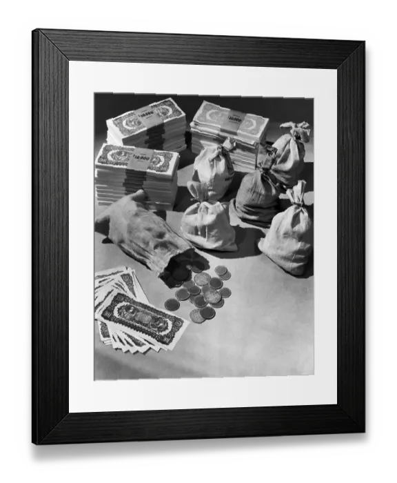 Framed Print : Stacks of $100 Bills, Coins, and Money Bags Framed Print : Stacks of $100 Bills, Coins, and Money Bags