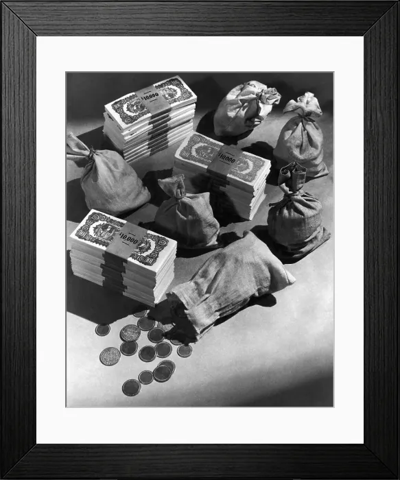 Framed Print : Stacks of $100 Bills, Coins, and Money Bags Framed Print : Stacks of $100 Bills, Coins, and Money Bags
