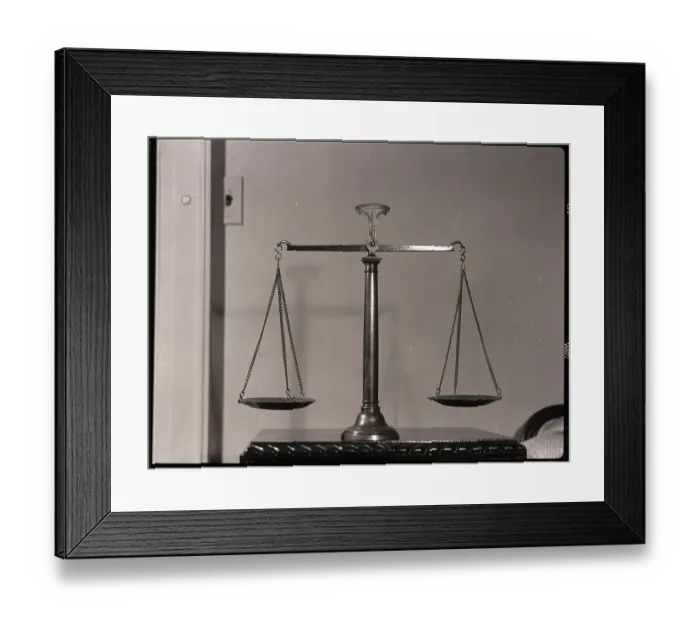 Framed Print : Balancing Scales On Table Framed Print : Balancing Scales On Table