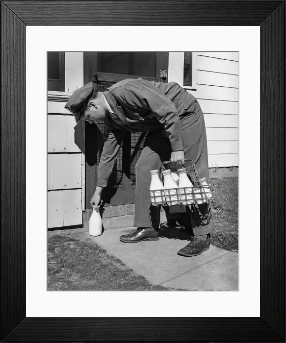 Framed Print : Milkman Leaving Milk Bottle on Doorstep Framed Print : Milkman Leaving Milk Bottle on Doorstep