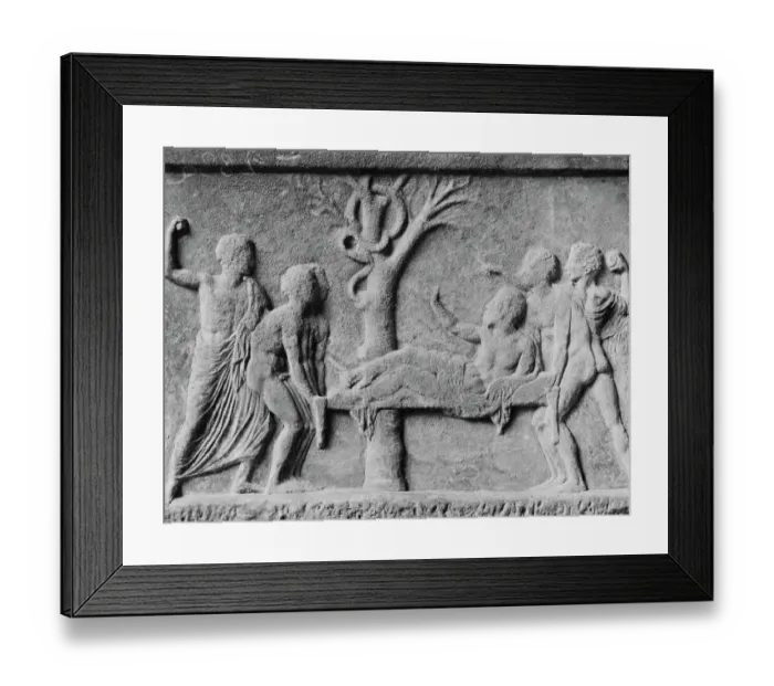 Framed Print : Stone Drawing of Nurses and Sick Patient at Tree Framed Print : Stone Drawing of Nurses and Sick Patient at Tree