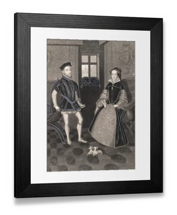 Framed Print : Drawing of Mary I Queen of England with Man and Dogs Framed Print : Drawing of Mary I Queen of England with Man and Dogs