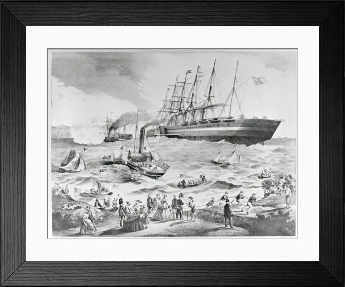 Framed Print : Crowd and Boats to Greet Large Ship Atlantic Cable