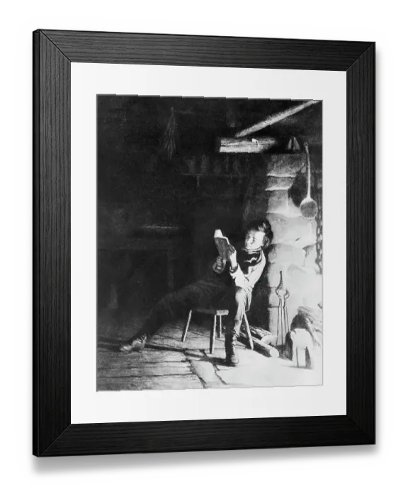 Framed Print : Abraham Lincoln as A Young Man Reading Near Fireplace Framed Print : Abraham Lincoln as A Young Man Reading Near Fireplace