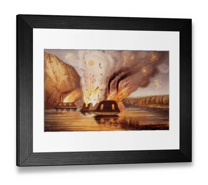 Framed Print : Lithograph Depicting the Destruction of the James River Fleet Framed Print : Lithograph Depicting the Destruction of the James River Fleet
