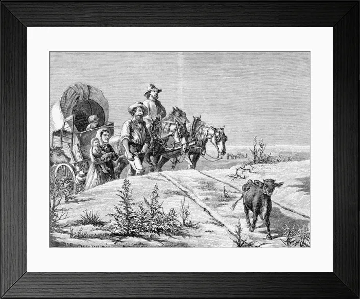 Framed Print : Pioneer Family W / Covered Wagon Traveling Framed Print : Pioneer Family W / Covered Wagon Traveling