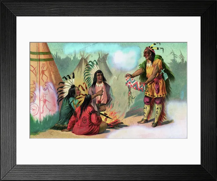 Framed Print : Color Lithograph of a Native Americans Around a Campfire