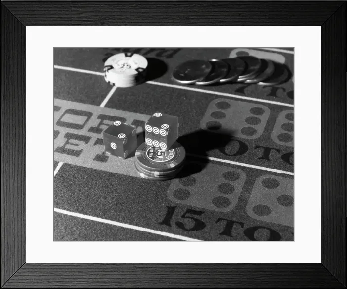 Framed Print : Chips and Dice on Craps Table Framed Print : Chips and Dice on Craps Table