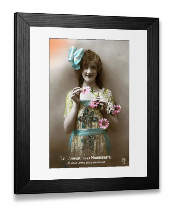 Framed Print : French Postcard of Woman Holding Flowers Framed Print : French Postcard of Woman Holding Flowers