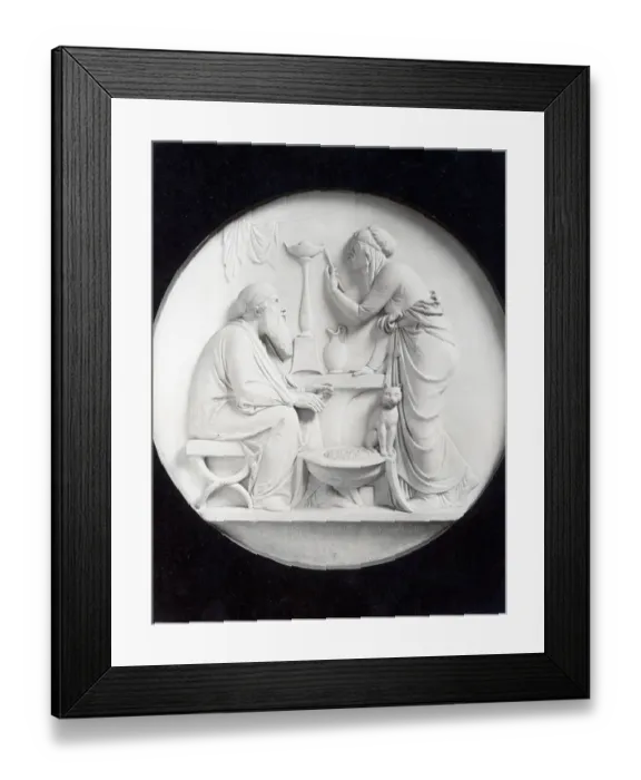 Framed Print : Relief Sculpture Of Elderly Couple, Cat Framed Print : Relief Sculpture Of Elderly Couple, Cat