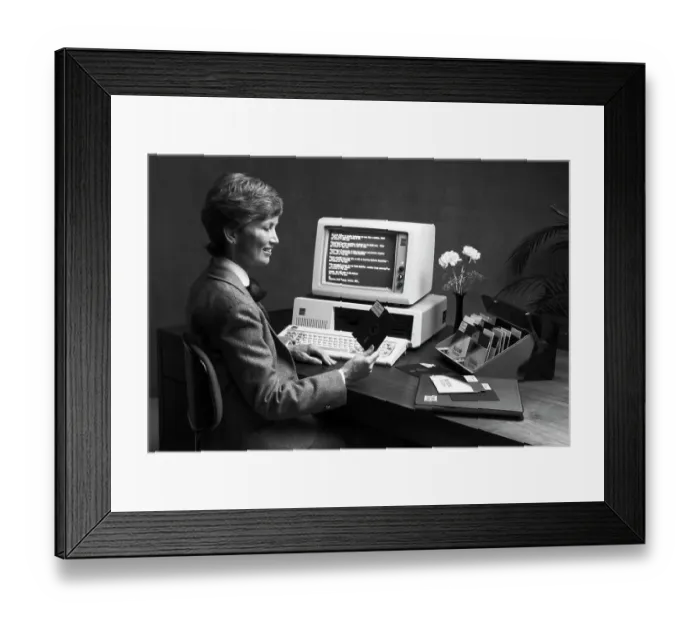 Framed Print : Woman Works with Computer & 5 1 / 4 Diskette Framed Print : Woman Works with Computer & 5 1 / 4 Diskette