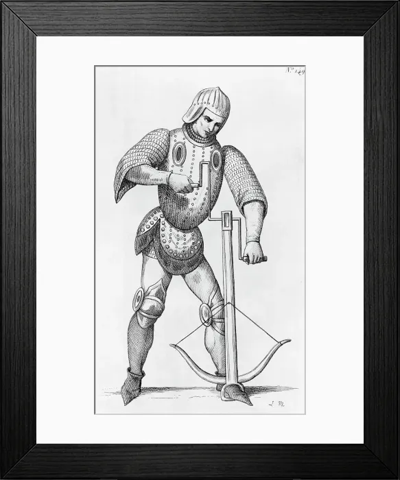 Framed Print : Engraving of a Knight Cocking a Crossbow by L. Massard Framed Print : Engraving of a Knight Cocking a Crossbow by L. Massard