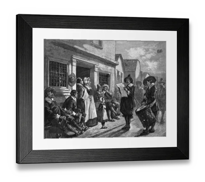 Framed Print : Colonial Town Crier In Town Scene Framed Print : Colonial Town Crier In Town Scene