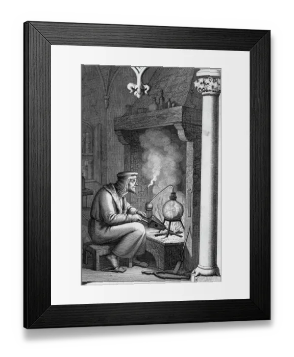 Framed Print : Engraving Depicting Alchemist with Crucible from Goethe's Faust Framed Print : Engraving Depicting Alchemist with Crucible from Goethe's Faust