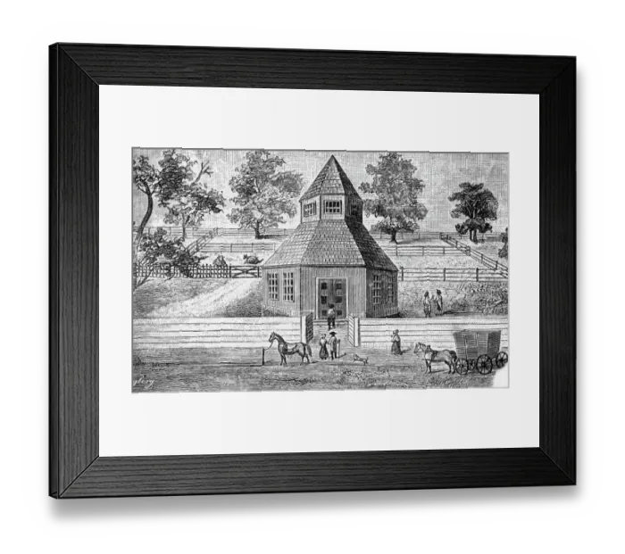 Framed Print : Woodcut of the First Burlington Meeting House Framed Print : Woodcut of the First Burlington Meeting House