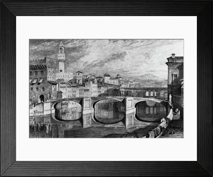 Framed Print : Florence, Italy: The Ponte Vecchio. Undated. Drawn by J.M.W. Turner. R.A. from a finished sketch by James Iiakewill. Engraved by S. Rawle Framed Print : Florence, Italy: The Ponte Vecchio. Undated. Drawn by J.M.W. Turner. R.A. from a finished sketch by James Iiakewill. Engraved by S. Rawle