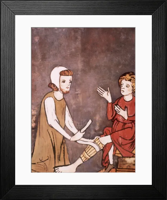 Framed Print : Knee bandage: 12th Century Salernitan Surgery. Woodcut. 10 Framed Print : Knee bandage: 12th Century Salernitan Surgery. Woodcut. 10