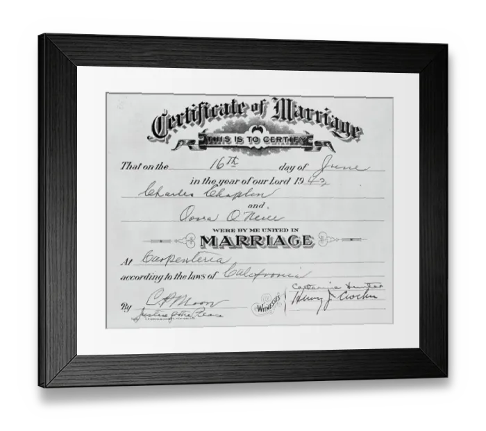 Framed Print : Marriage Certificate of Charlie Chaplin and Oona O'Neill Framed Print : Marriage Certificate of Charlie Chaplin and Oona O'Neill
