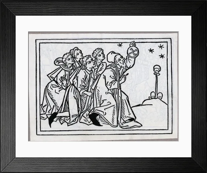 Framed Print : Woodcut Astronomer and Students Observing Framed Print : Woodcut Astronomer and Students Observing