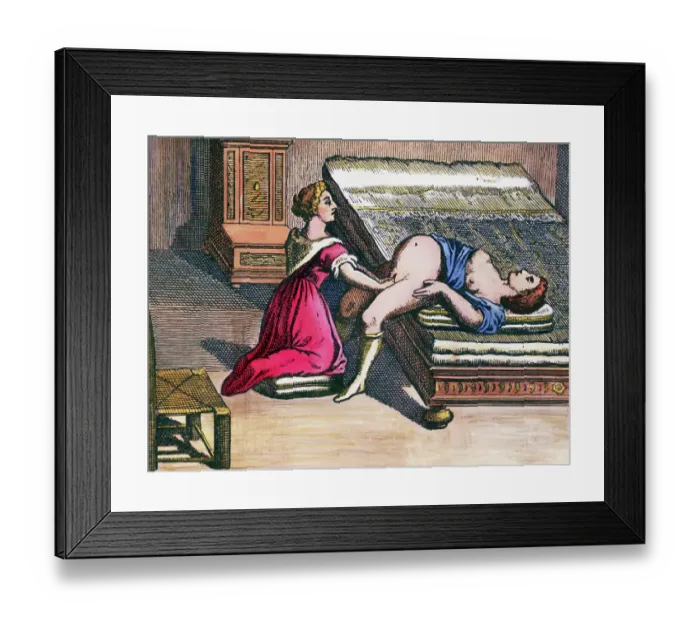 Framed Print : 17th-Century Woodcut of a Midwife Assisting in a Delivery Framed Print : 17th-Century Woodcut of a Midwife Assisting in a Delivery