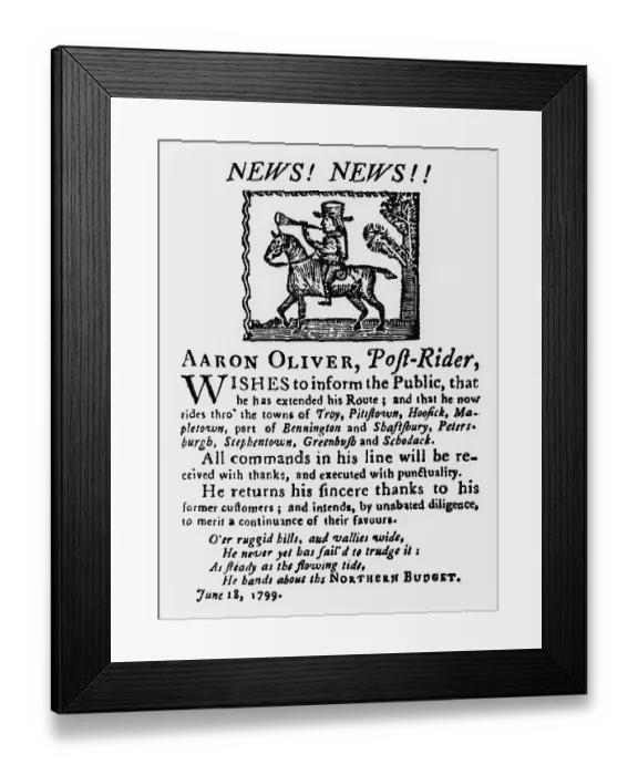 Framed Print : Colonial Post Rider Announcing Route Framed Print : Colonial Post Rider Announcing Route