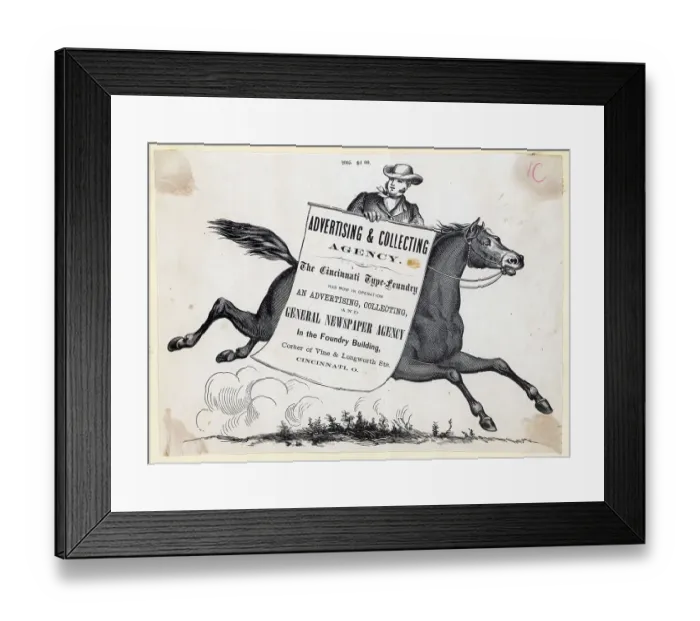 Framed Print : Man Riding Horse Carrying Sign; Advertis