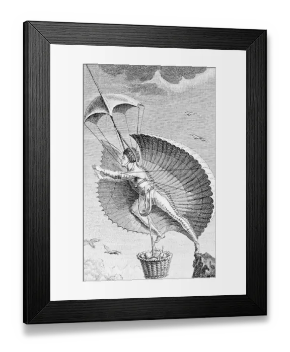 Framed Print : Man In Strange Flying Contraption;Engrav Framed Print : Man In Strange Flying Contraption;Engrav