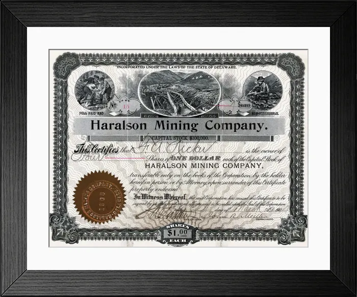 Framed Print : Haralson Mining Company Stock Certificate Framed Print : Haralson Mining Company Stock Certificate
