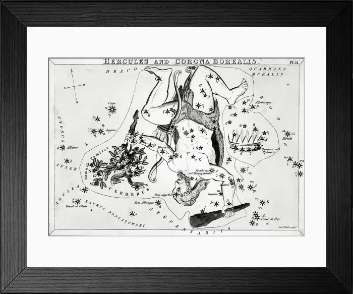 Framed Print : Engraving, Constellations;Hercules & Coro Framed Print : Engraving, Constellations;Hercules & Coro