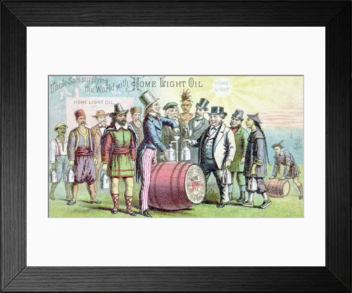 Framed Print : Uncle Sam Supplying the World With Home Light Oil Lithograph