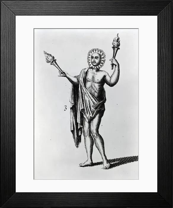 Framed Print : Engraving Of Man W / Sun Face Mask & Torch Framed Print : Engraving Of Man W / Sun Face Mask & Torch