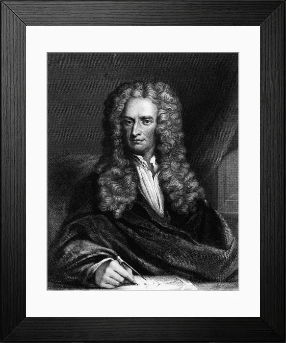 Framed Print : Engraving of Sir Isaac Newton Seated at a Table Framed Print : Engraving of Sir Isaac Newton Seated at a Table