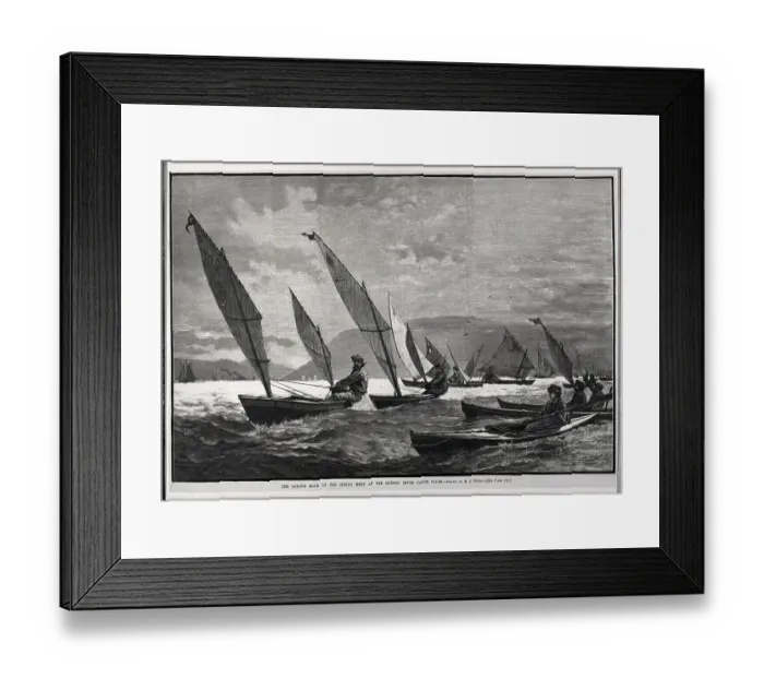 Framed Print : Sailing Race; Woodcut; Single Men In Boats