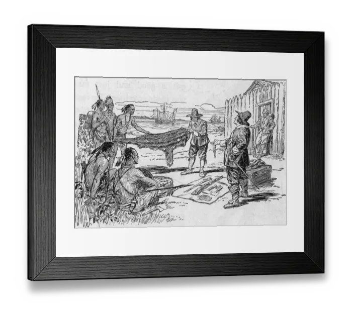 Framed Print : Engraving of the Dutch Trading with Native Americans