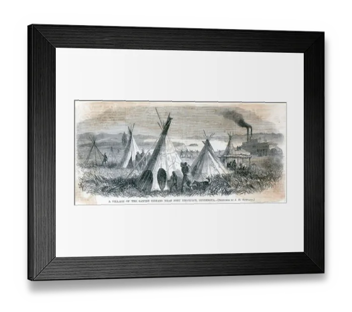 Framed Print : A Village of the Santee Indians near Fort Thompson, Minnesota Engraving by John D. Howland