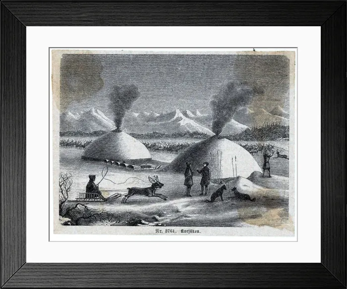 Framed Print : Eskimos With Reindeer And Dwellings Framed Print : Eskimos With Reindeer And Dwellings